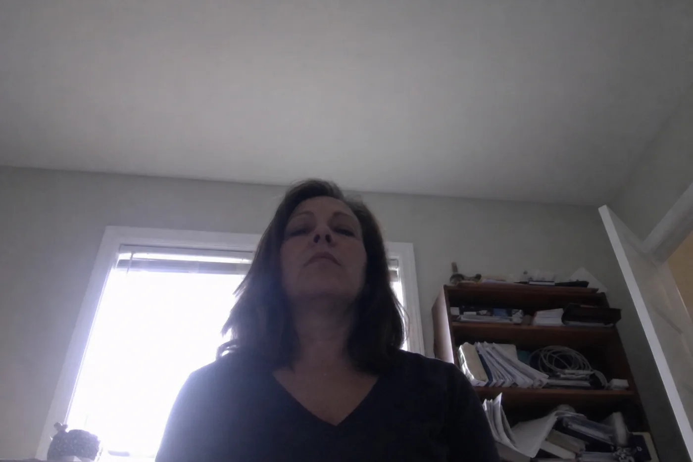 A dim, backlit, badly framed video call